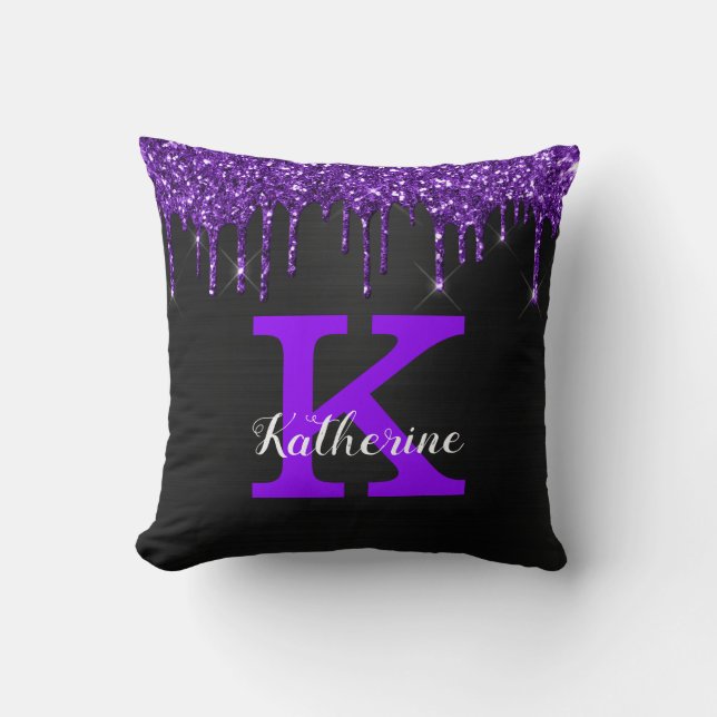 Cojín Decorativo Girly Black Purple Purpurina Dris Monograma Nombre (Anverso)