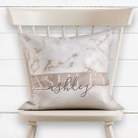 Cojín Decorativo Girly Blush Marble Rose Gold Script Name Monogram<br><div class="desc">A trendy, girly design featuring faux rose gold marble and shimmer textures, personalized with the girl's name twice over a faux brushed rose gold stripe: first in elegant all cap text, then, in modern, hand lettered script typography. A beautiful design sure to please, and the same on both front and...</div>