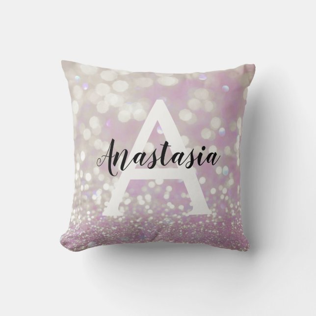 Cojín Decorativo Girly Lilac Shimmer Purpurina Esparkles Monograma  (Anverso)