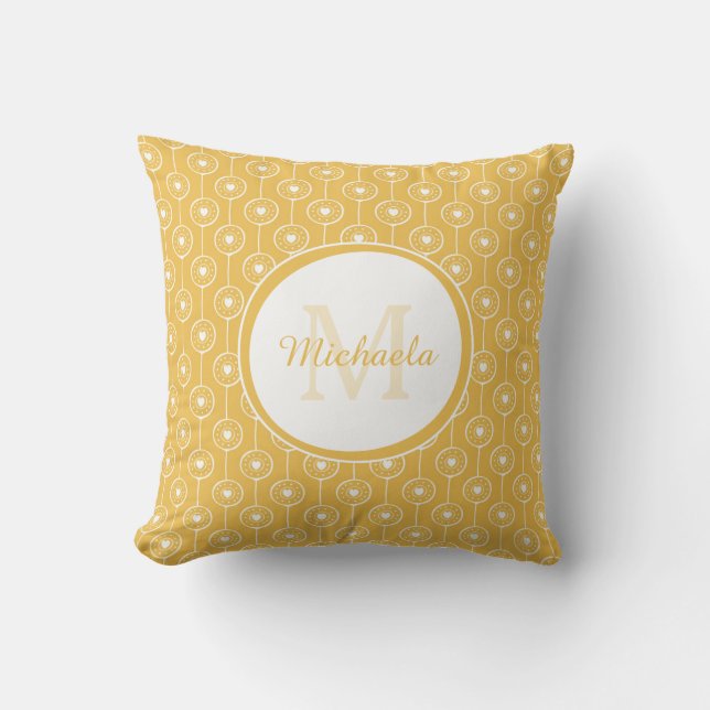 Cojín Decorativo Girly Mimosa Yellow Monogramed Name Dots Heart (Anverso)