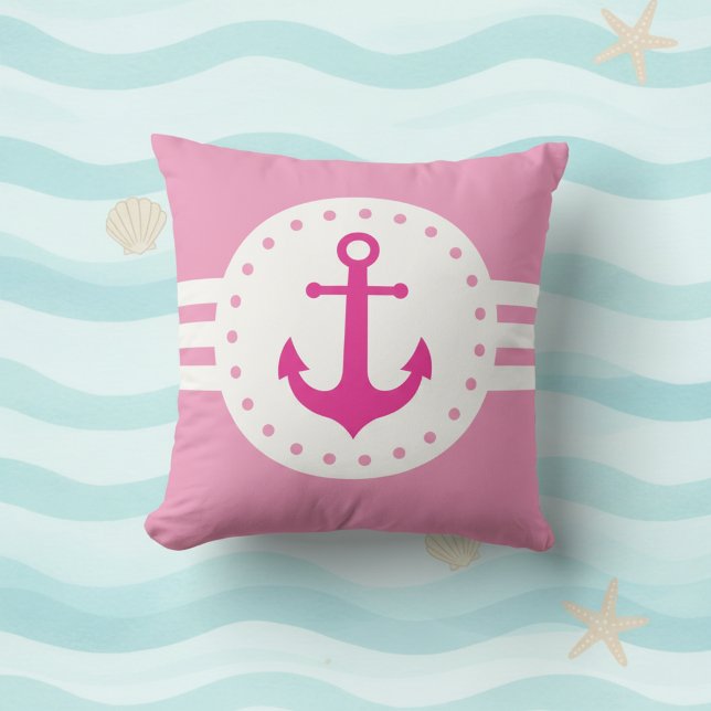 Cojín Decorativo Girly Pink Nautical Anchor Throw Pillow (Girly pink and white nautical anchor throw pillow.)