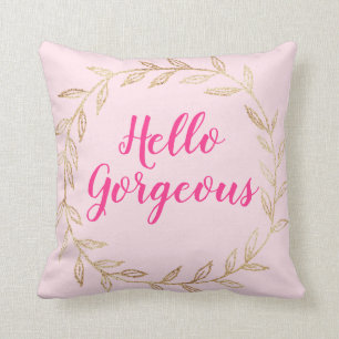 Cojín Decorativo Girly Pretty Rubor Rosa Hola Hermosa Corona Dorada