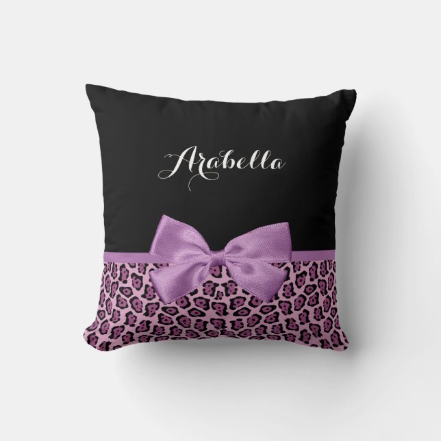 Cojín Decorativo Girly Purple Jaguar Print Cute Bow con nombre (Anverso)