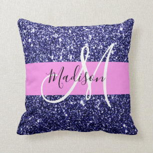 Cojín Decorativo Glam Azul Marino Rosa Brillo Purpurina Monograma N