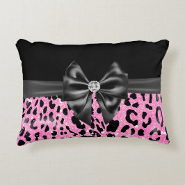 Cojín Decorativo Glam Black Bow Diamond Purpurina Rosado Leopardo