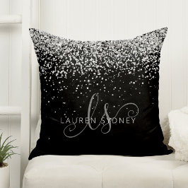 Cojín Decorativo Glam Black Silver Purpurina Monograma Nombre