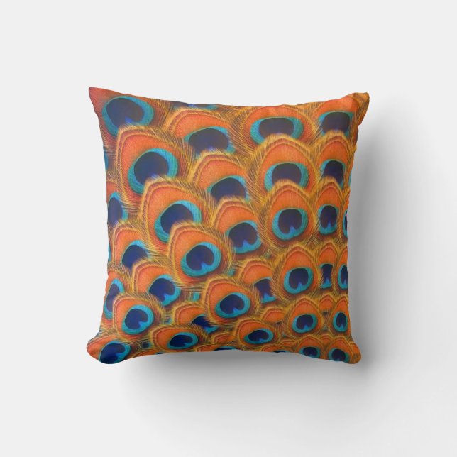 Cojín Decorativo Glam Boho Naranja Blue Peacock Fethers (Anverso)