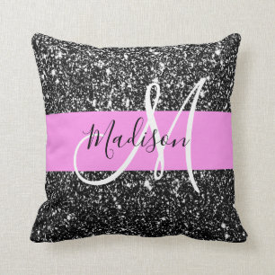 Cojín Decorativo Glam Chic Rosa Negro Brillo Destello Monograma Nom