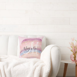 Cojín Decorativo Glam Oro Rosa Azul Monograma de Pincelada de Piedr