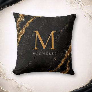 Cojín Decorativo Glam Personalizado Mármol Negro Monograma Dorado