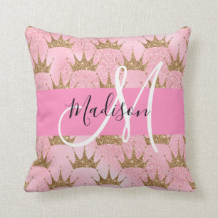Cojín Decorativo Glam Pink & Gold Brillo Destellos Coronas Monogram