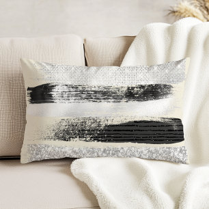 Cojín Decorativo Glam Plata Trazo de Pincel Negro Blanco Crema
