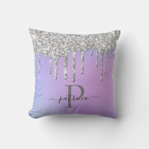 Cojín Decorativo Glam Plateado Brillo Gotea Monograma Elegante