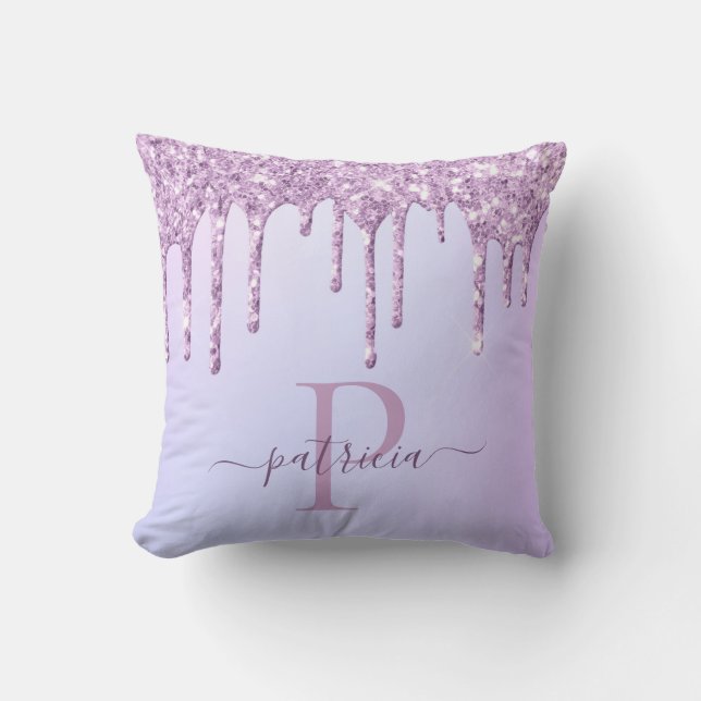 Cojín Decorativo Glam Purple Purpurina Dris Elegante Monograma (Anverso)