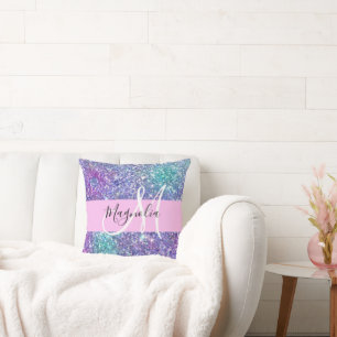 Cojín Decorativo Glam Púrpura, Azul y Verde Brillo Monograma