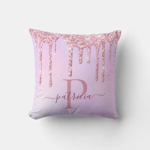 Cojín Decorativo Glam Rosa Brillante Goteo Monograma Elegante