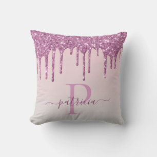 Cojín Decorativo Glam Rosa Brillante Goteo Monograma Elegante