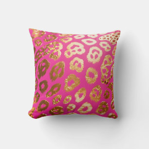 Cojín Decorativo Glamorosa Estampa de Leopardo Dorado Rosa Fucsia