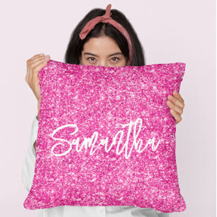 Cojín Decorativo Glitter rosa caliente escritura con pincel blanco