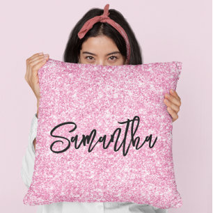 Cojín Decorativo Glitter Rosa Claro Script Pincel Negro
