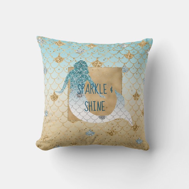 Cojín Decorativo Glitzy Aqua Mermaid Blue Gold Sparkle Purpurina (Anverso)
