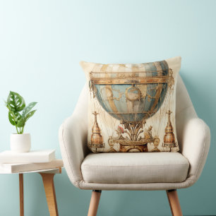 Cojín Decorativo Globo de aire caliente azul Vintage Steampunk Blue