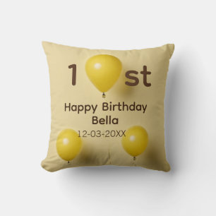 Cojín Decorativo Globos amarillos cumpleaños 1er nombre fecha texto