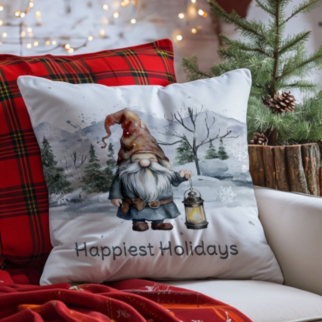Cojín Decorativo Gnome de Navidades de invierno acuarela (Watercolor Winter Christmas Gnome Throw Pillow)