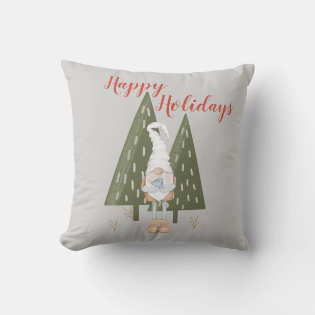 Cojín Decorativo Gnome Forestal Felices Fiestas Gris (Anverso)