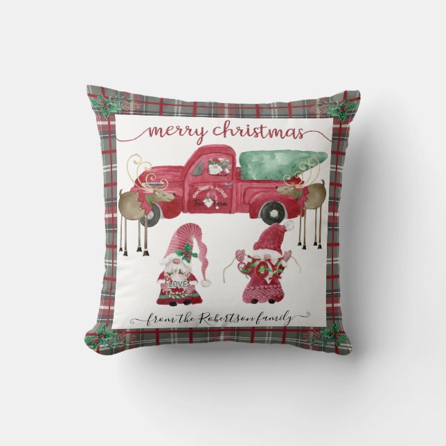 Cojín Decorativo Gnomes Camión Rojo Camión de árbol de Navidad Gris (Anverso)