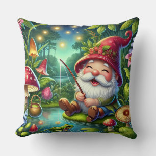 Cojín Decorativo Gnomo caprichoso pescando en un bosque mágico