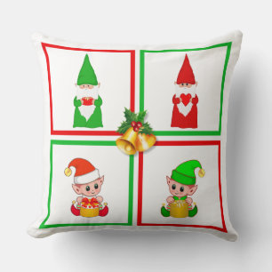 Cojín Decorativo Gnomos y elfos de Navidad en blanco, verde y rojo