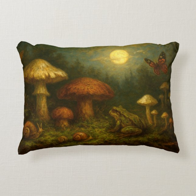 Cojín Decorativo Goblincore Mushrooms, Snails & Frog In Moonlight (Anverso)