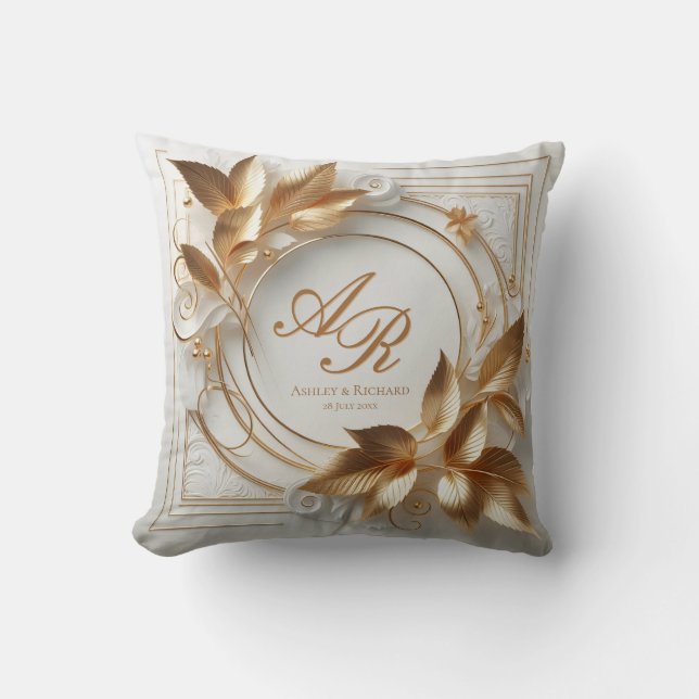 Cojín Decorativo Gold Botanical Wedding Monogram Throw Pillow (Anverso)
