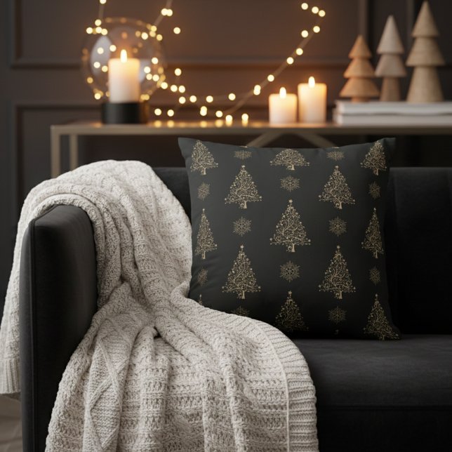 Cojín Decorativo Gold Christmas Trees and Snowflakes Decorative (Gold Christmas Trees and Snowflakes Decorative Throw Pillow)
