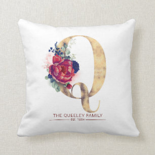 Cojín Decorativo Gold Q Monograma Floral Borgoña Rojo y Azul de la