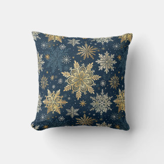Cojín Decorativo Gold Snowflakes Blue Winter Christmas 