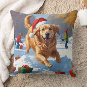 Cojín Decorativo Golden Retriever en la nieve con sombrero de Navid