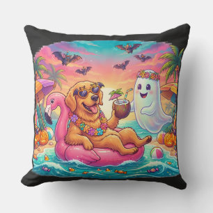 Cojín Decorativo Golden Retriever Flotando en Flamingo Rosa Hallowe