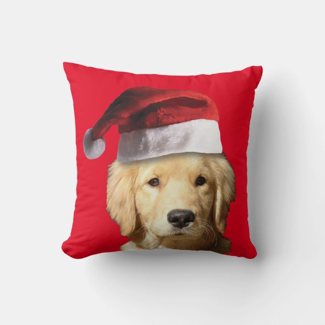 Cojín Decorativo Golden Retriever vistiendo un gorra de Santa Claus (Anverso)
