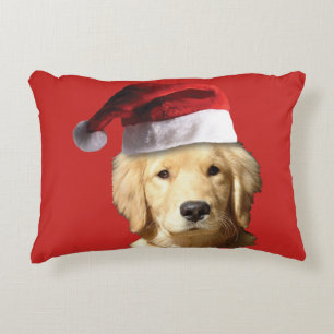 Cojín Decorativo Golden Retriever vistiendo un Gorra de Santa Claus