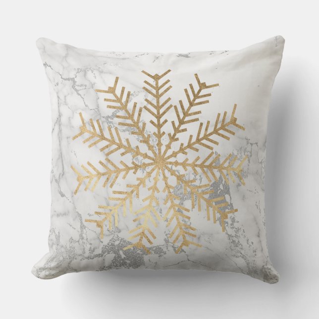 Cojín Decorativo Golden Snowflakes Gray Silver Marble Blanco (Anverso)
