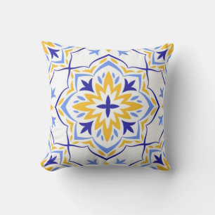 Cojín Decorativo Golden Sunburst Elegant Blue and Gold Floral