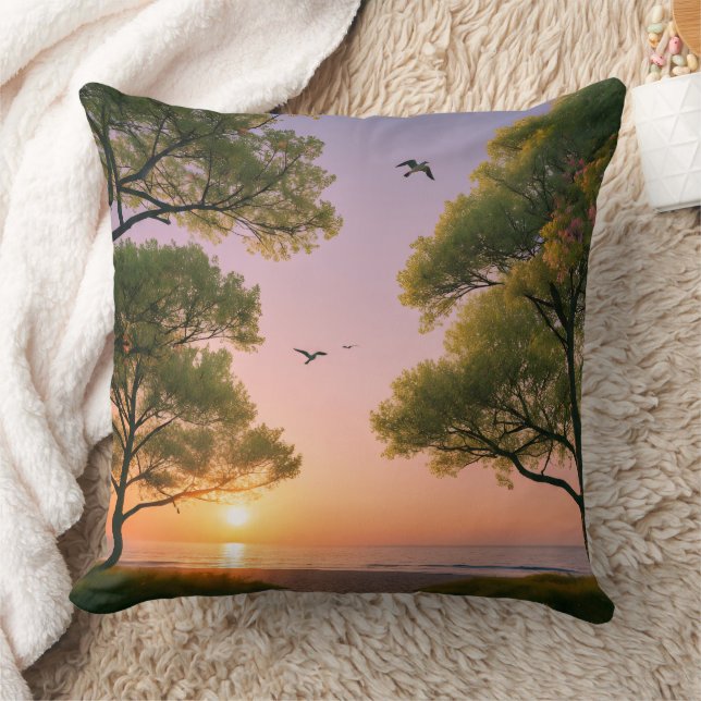 Cojín Decorativo Golden Sunset Ocean Beach Landscape with Trees  (Manta)