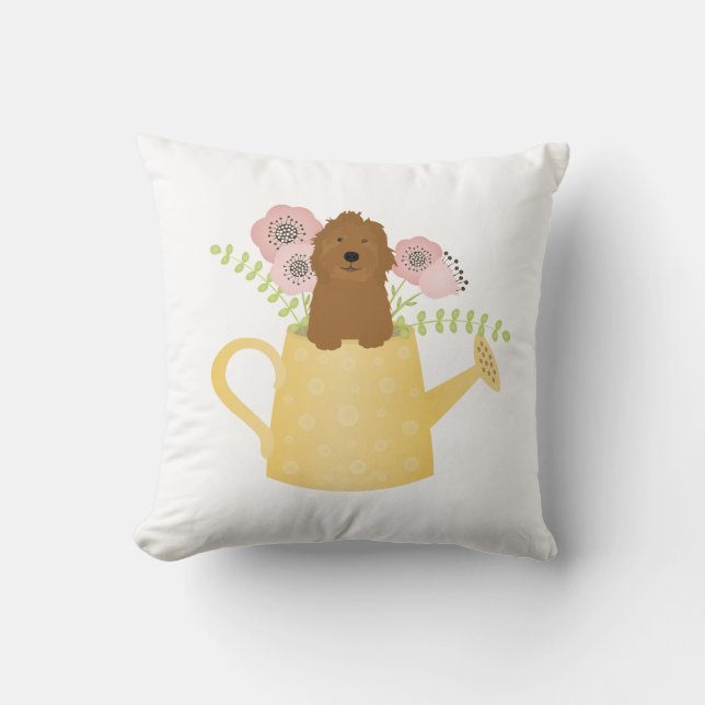 Cojín Decorativo Goldendoodle en regadera (Anverso)