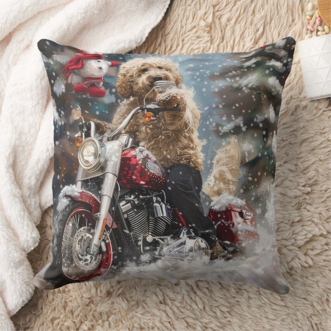Cojín Decorativo Goldendoodle Perro Montando Motocicleta Navidad  (Manta)