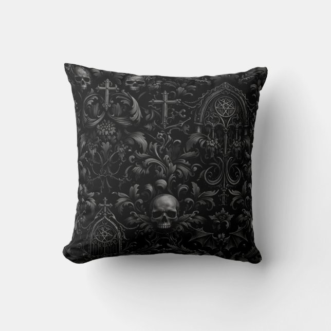 Cojín Decorativo Gothic Baroque Skull Pattern in Black (Anverso)