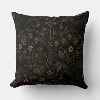 Cojín Decorativo Gothic Strawberry Thieves – Cuervo Botánico Oscuro