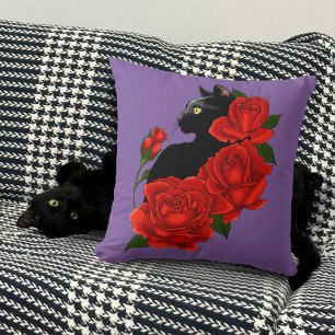 Cojín Decorativo Gótico Gato Negro Rosas Rojas Púrpura