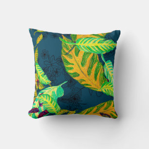 Cojín Decorativo Gouache azul de tintes tropicales. Patrón tropical